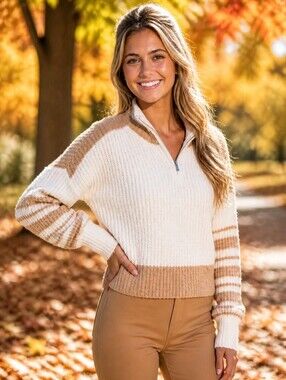 French Connection Winter White & Camel Half-Zip Ribbed Knit Sweater Size Medium